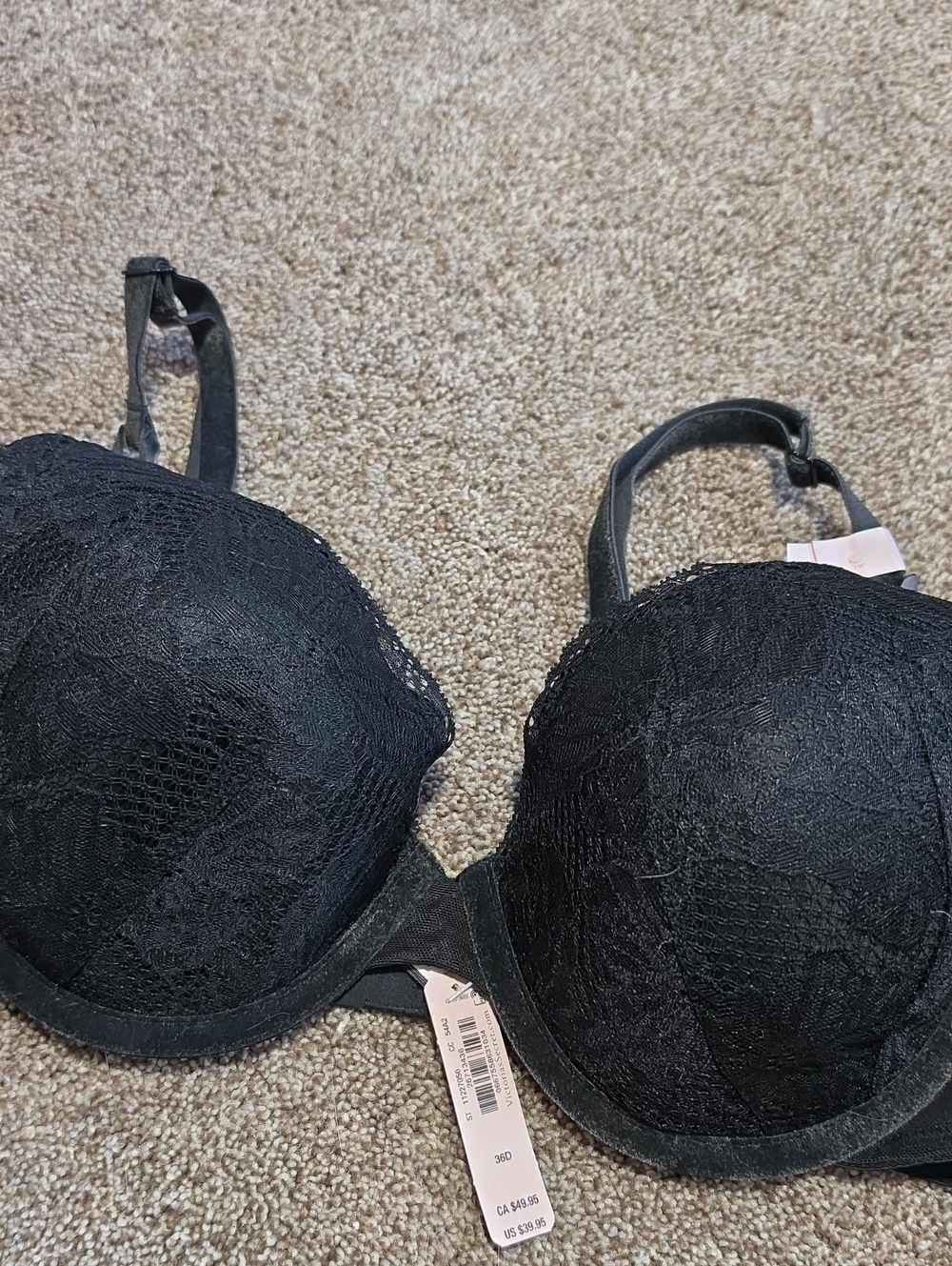 Nwt Victoria's Secret Black Lace Lined Demi Bra Size 36D Wired Reg $39.95